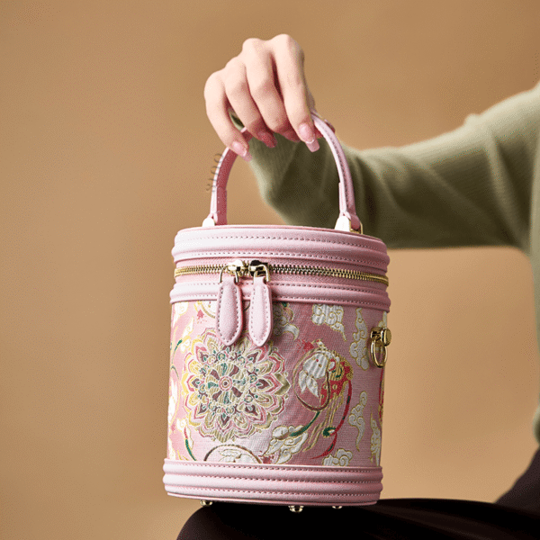 2_Song_Brocade_Pink_Retro_Bucket_Bag_Lotus_Lucky_Rabbit_Pattern_-_SinoCultural 2_Song_Brocade_Pink_Retro_Bucket_Bag_Lotus_Lucky_Rabbit_Pattern_-_SinoCultural