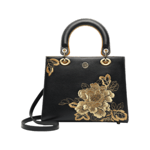 Embroidery Leather Black Lady Bag Gold Peony Luxury Handbag