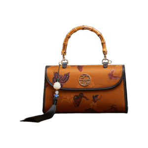 Xiangyunsha Silk Brown Butterfly Bamboo Handle Handbag