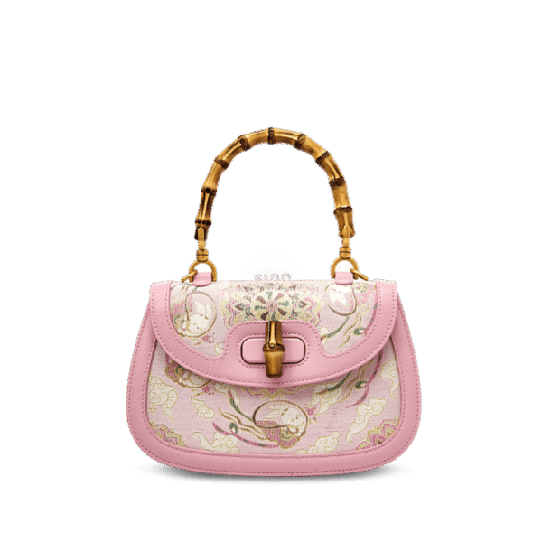 Song-Brocade-Pink-Mulberry-Silk-Handbag-Bamboo-Handle-Front-View Song-Brocade-Pink-Mulberry-Silk-Handbag-Bamboo-Handle-Front-View